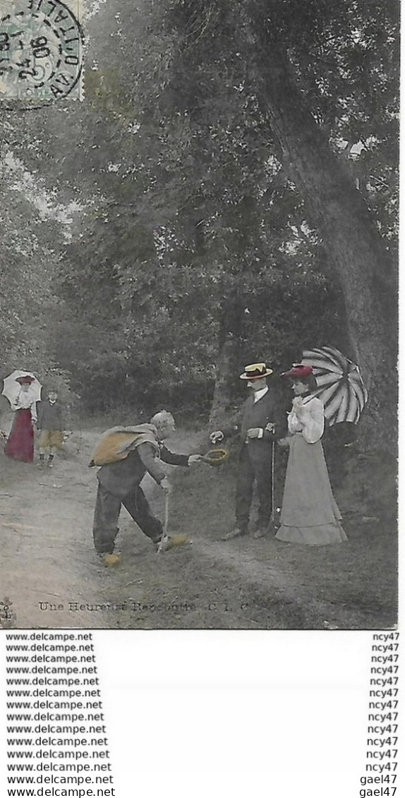 CPA FANTAISIES. Une Heureuse Rencontre, Animé, Mendiant, Canotier, Ombrelle...CO 569 - Men