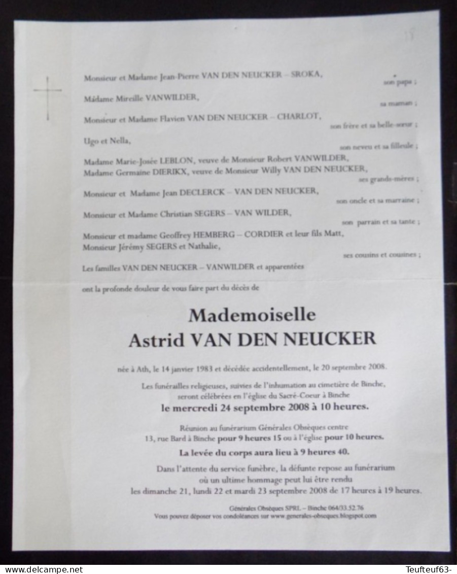 Faire Part Décès / Melle Astrid Van Den Neucker Née à Ath 1983 Et Décédée 2008 - Todesanzeige