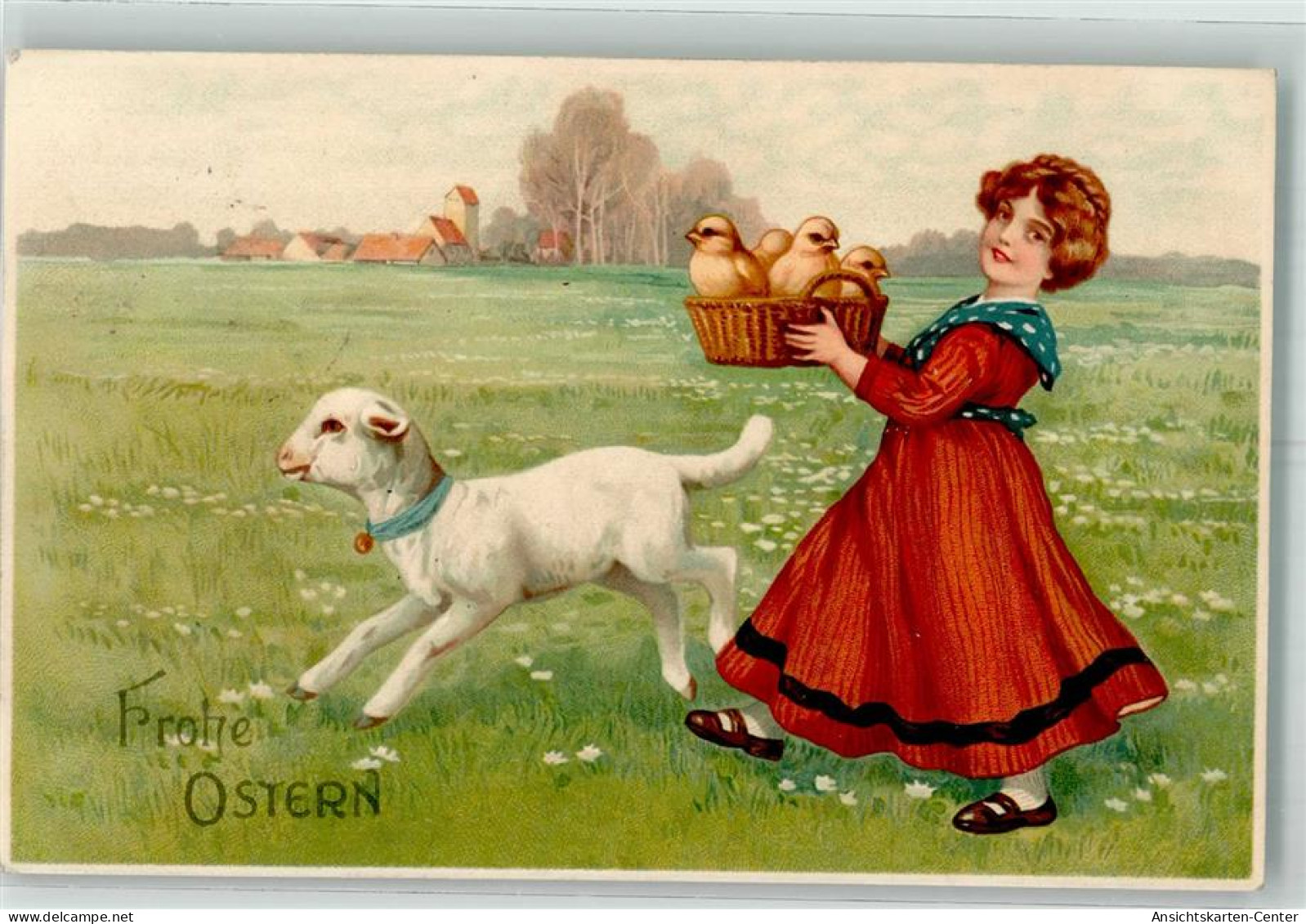 39738708 - Eine Frau Im Roten Kleid Und Neben Sich Ein Schaf Traegt Einen Korb Mit Kueken Durch Die Fruehlingslandschaf - Easter