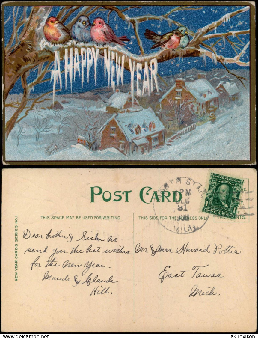 Ansichtskarte  Neujahr Sylvester New Year Vögel Stadt USA - Prägekarte 1906 - Neujahr