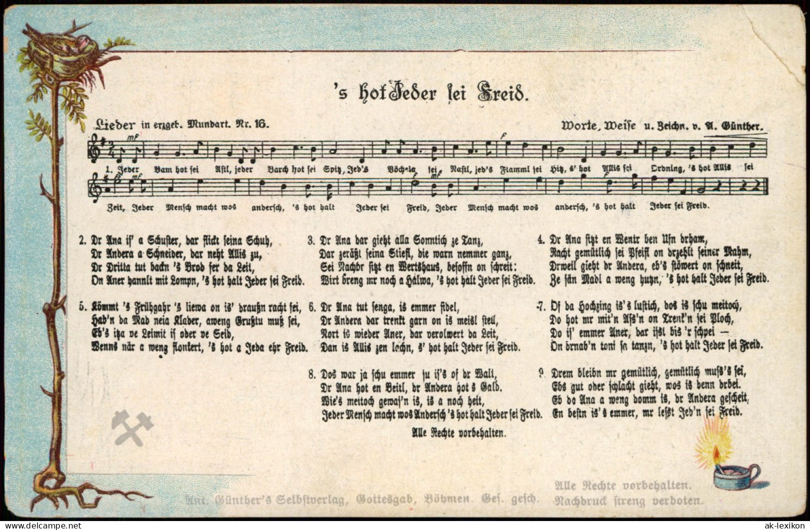 Liedkarten: 's Hot Jeder Sei Freid 1906 Erzgebirge, Anton Günther Gottesgab: - Musik