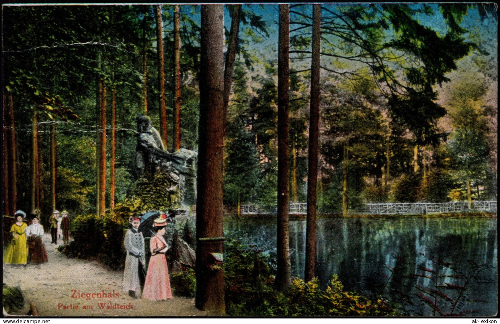 Postcard Bad Ziegenhals Głuchołazy Partie Am Waldteich, Statue 1915 - Schlesien