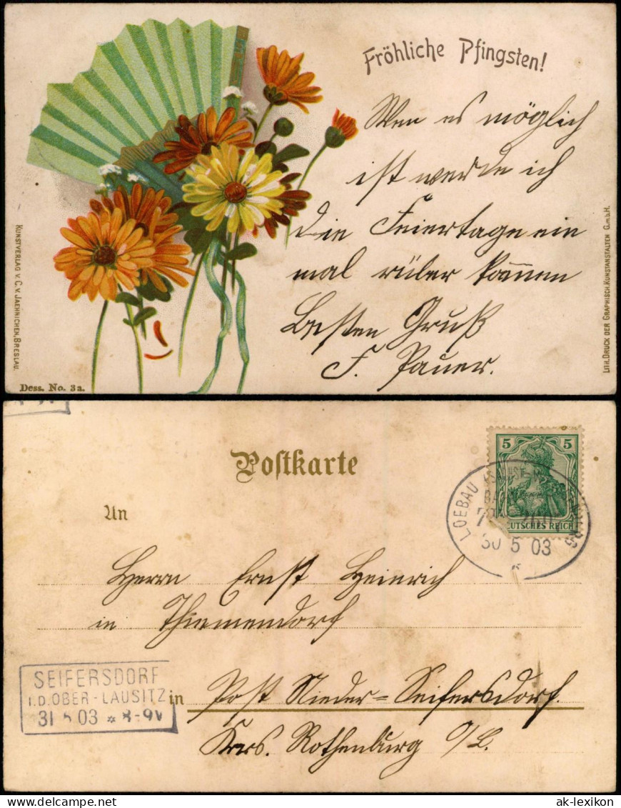 Pfingsten Fächer Blumen 1903  Bahnpost Landpost Seifersdorf Oberlausitz - Pentecoste