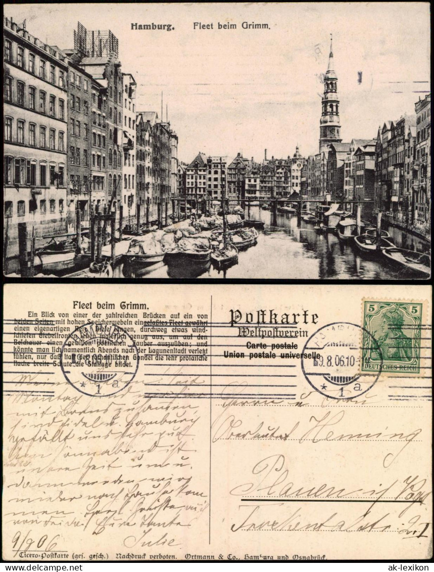 Ansichtskarte Hamburg Fleet Beim Grimm, 1906  Gel. Rollstempel - Altri & Non Classificati