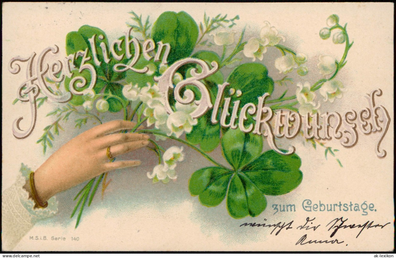 Glückwunsch Geburtstag Birthday Glücksklee, Frauenhand - Prägekarte 1904 - Verjaardag