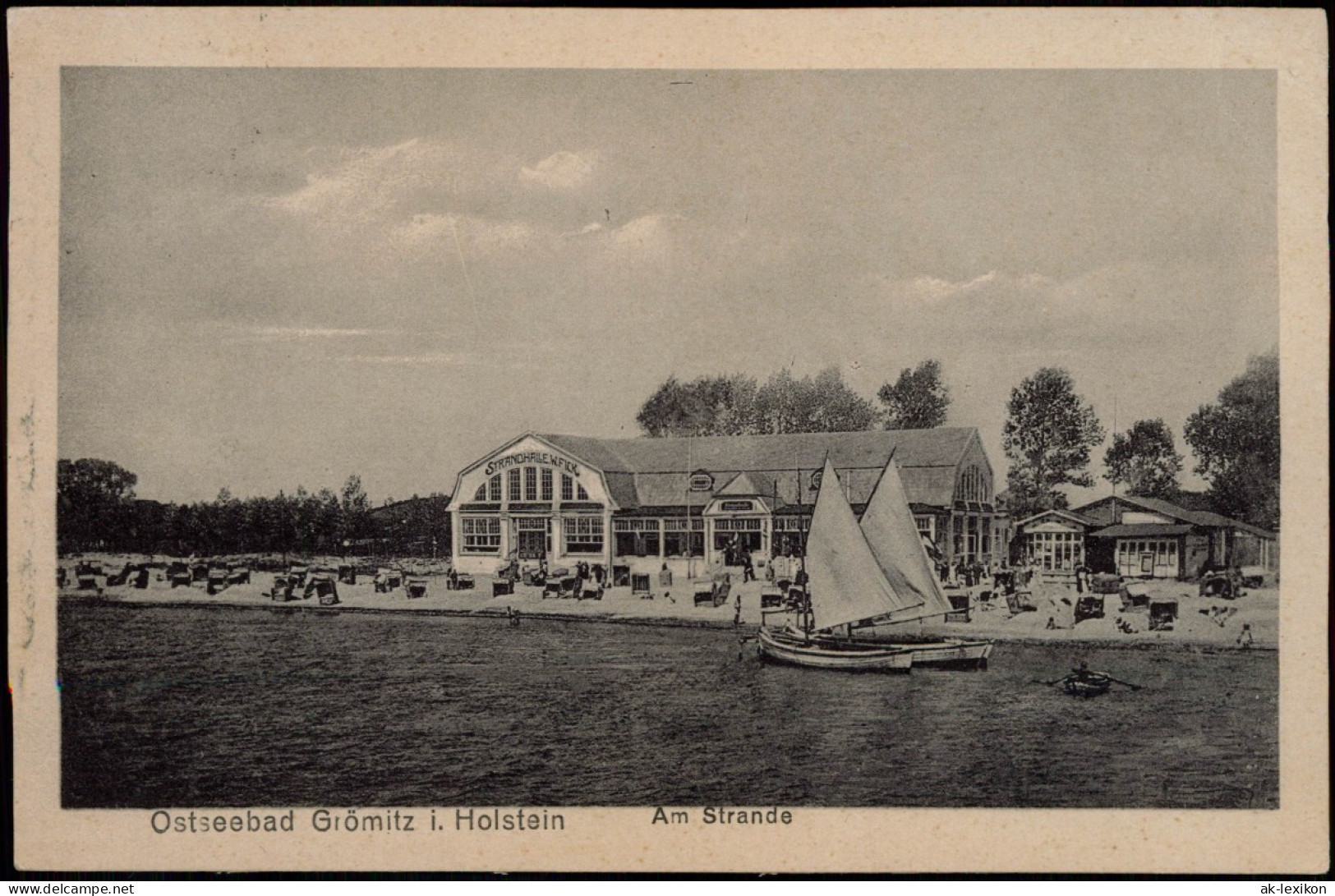 Ansichtskarte Grömitz (Holstein) Strand, Strandhalle - Segelboote 1928 - Autres & Non Classés