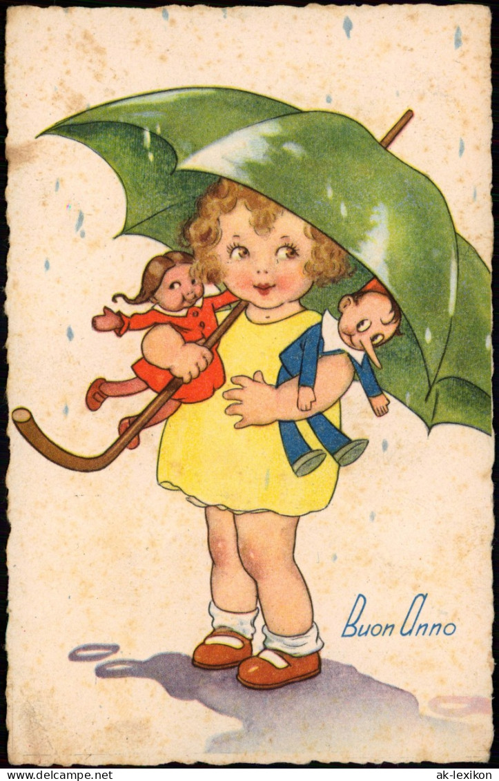 Kinder Künstlerkarte Mädchen Mit Puppen Unter Regenschirm 1940 - Portretten