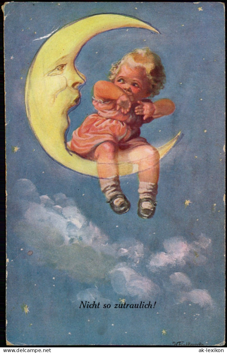 Künstlerkarte Personifizierter Halbmond Mit Kleinkind Kind 1924 - Pittura & Quadri