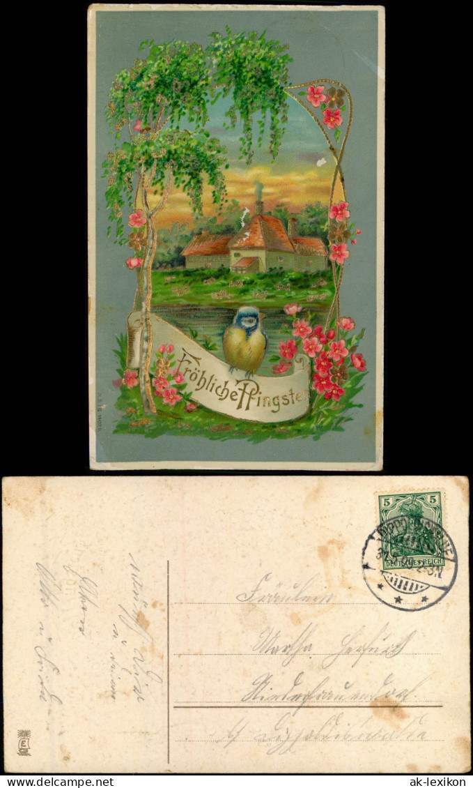 Glückwunsch Pfingsten Grusskarte Haus, Landschaft Vogel 1909 Prägekarte - Pentecost