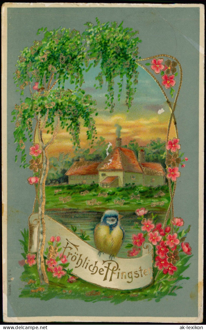 Glückwunsch Pfingsten Grusskarte Haus, Landschaft Vogel 1909 Prägekarte - Pfingsten