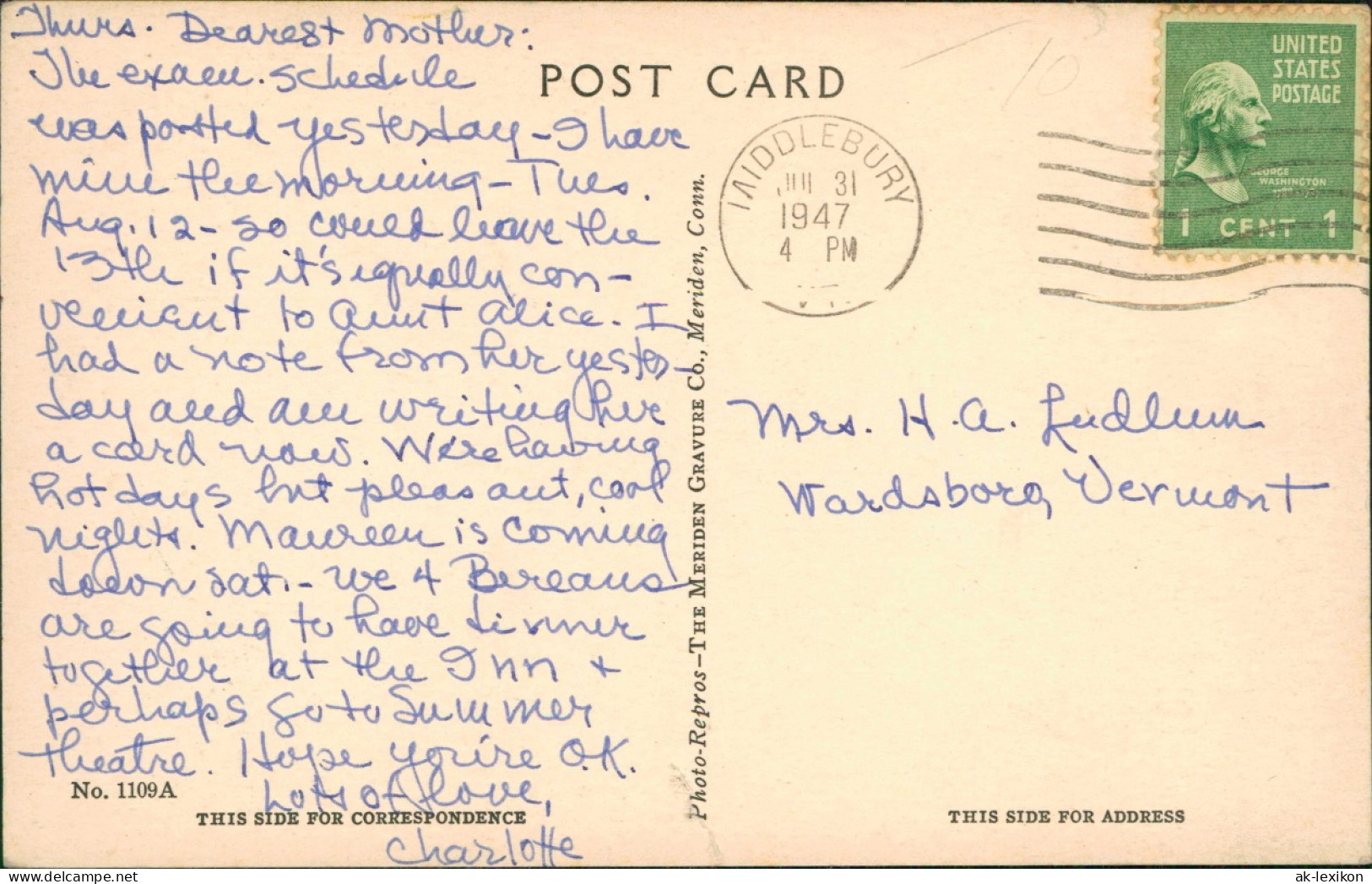 Postcard Middlebury Vermont Old Chapel 1947 - Other & Unclassified