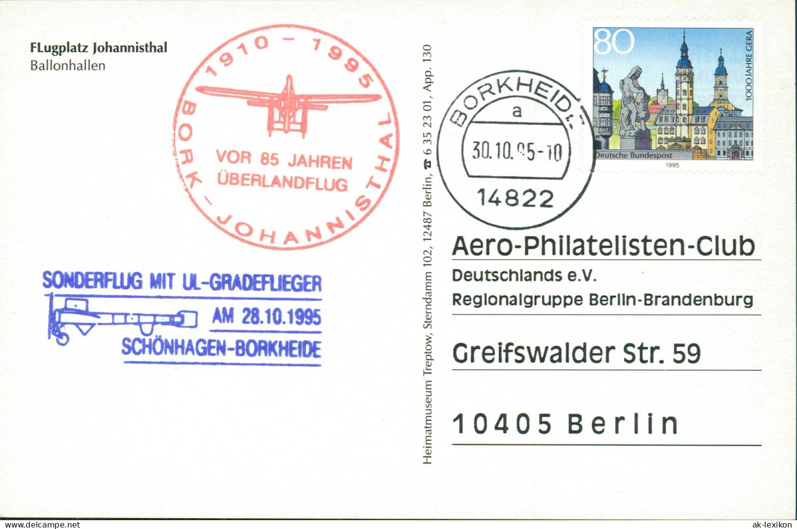 Johannisthal Berlin Zeppelin 1923/1995 Sonderstempel UL-Geradeflug Borkheide - Köpenick