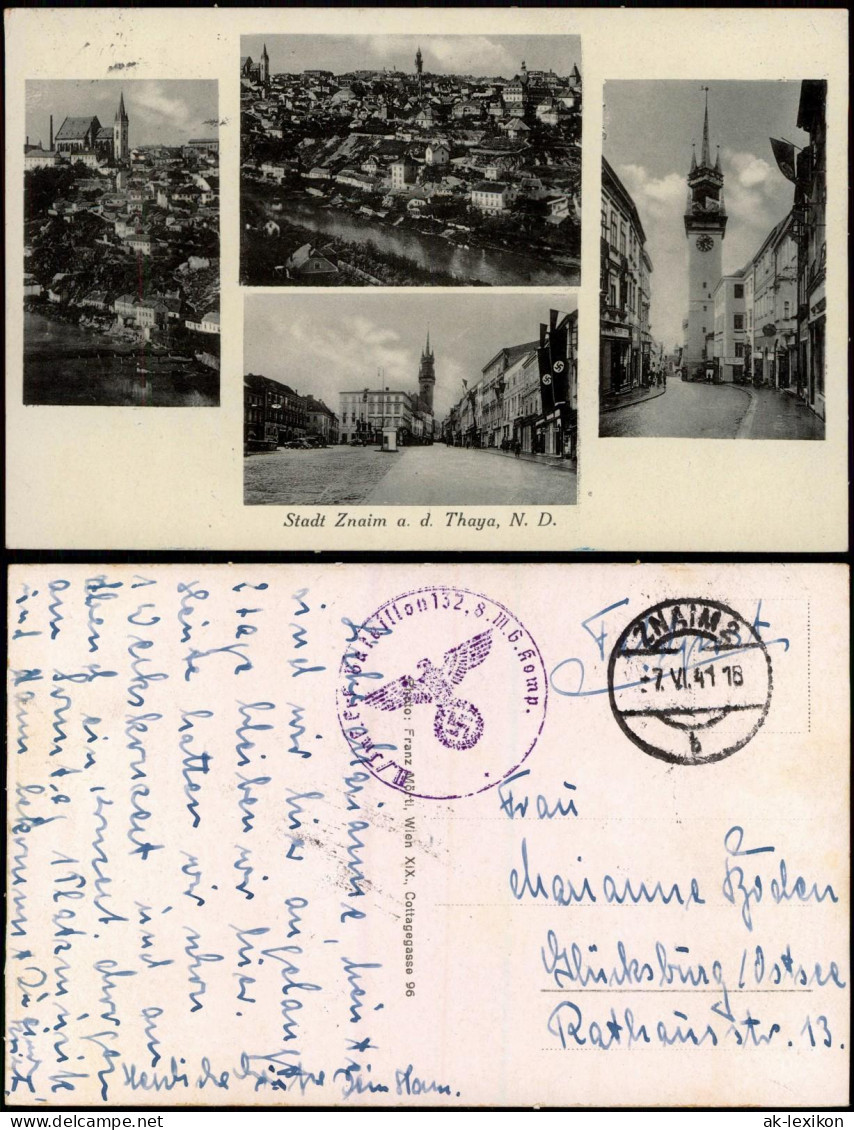 Postcard Znaim Znojmo 4 Bild: Stadtteilansichten 1941  Gel. Feldpoststempel 2.WK - Tchéquie