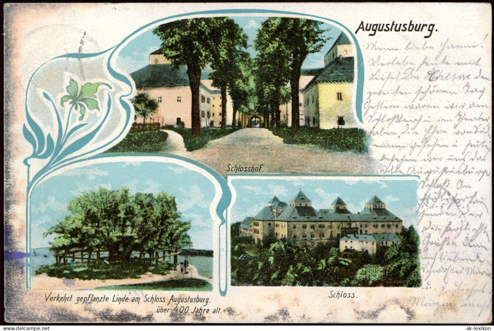Augustusburg Erzgebirge 3 Bild: Schloß, Linde - Jugendstil-Ornament 1906 - Augustusburg