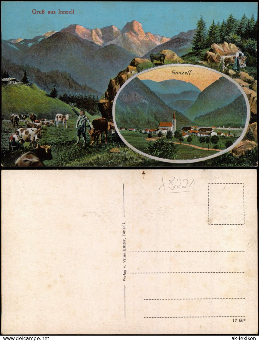 Ansichtskarte Inzell / Obb. 2 Bild Alm Mit Bauer Und Kühen Und Stadt 1913 - Autres & Non Classés