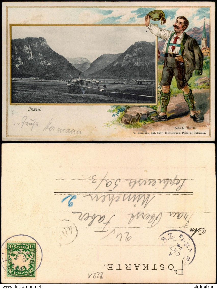 Inzell / Obb. Passepartout Stadt - Wanderer 1904 Goldrand/Prägekarte - Autres & Non Classés