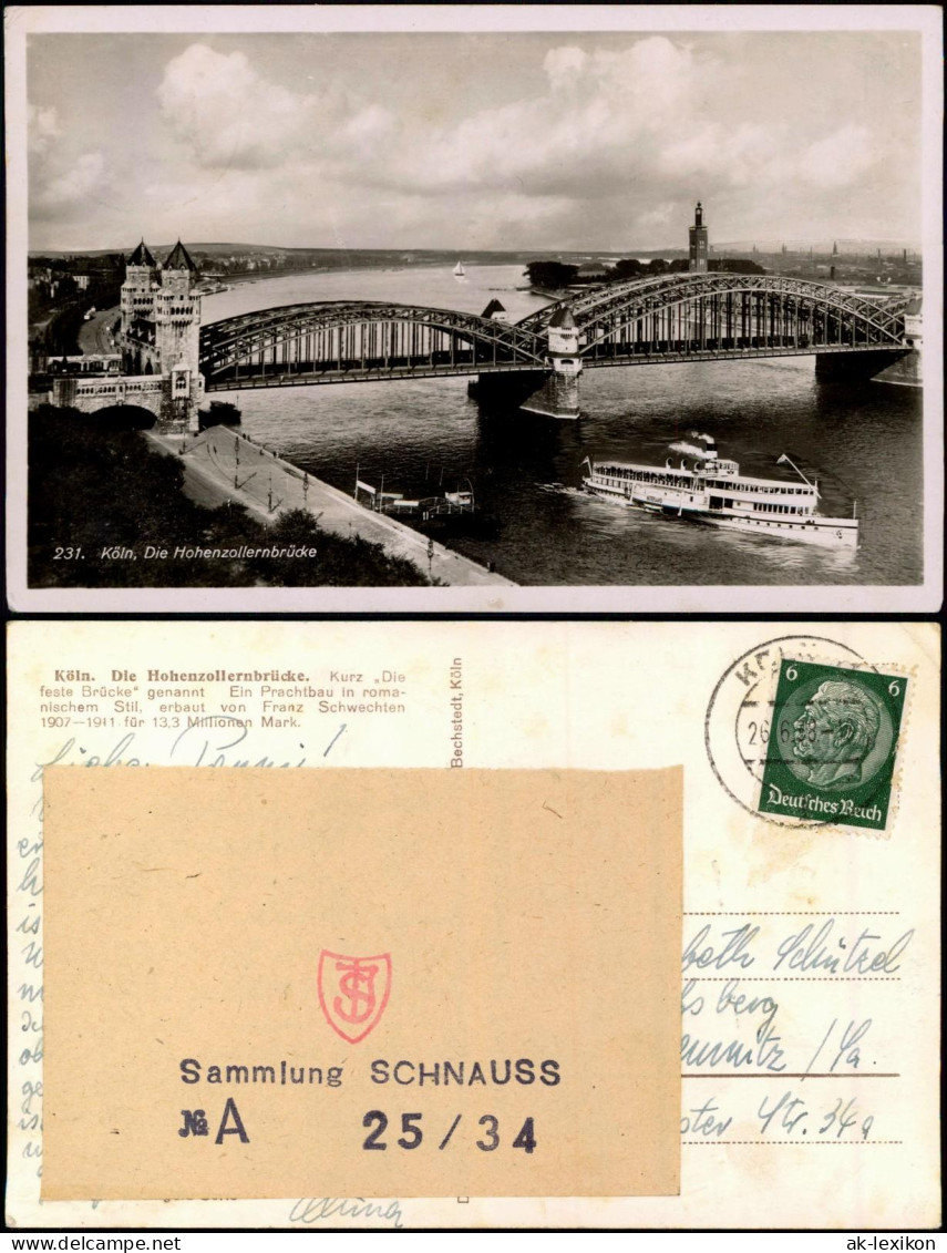 Ansichtskarte Köln Hohenzollernbrücke Rhein Schiff 1938 - Koeln