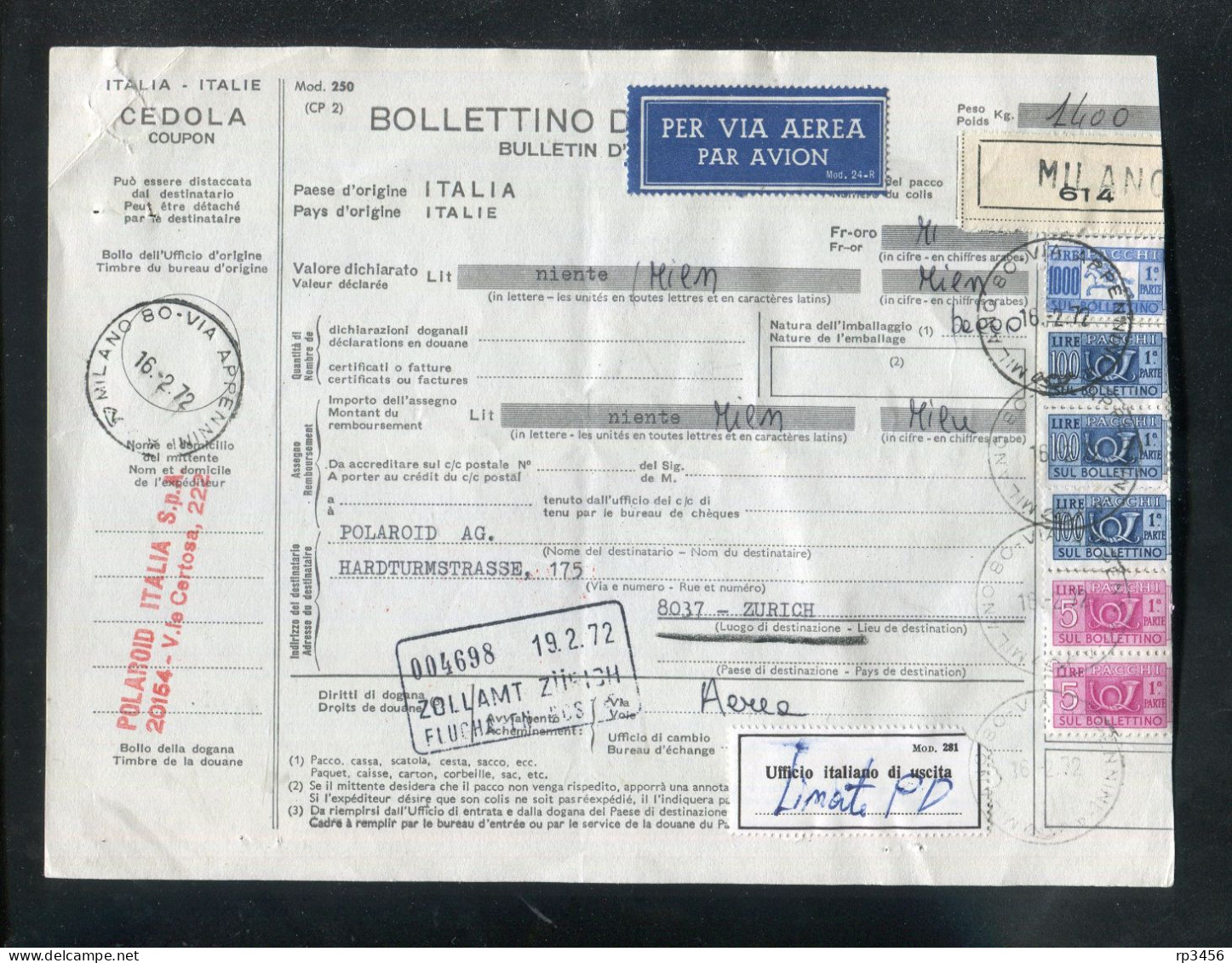 "ITALIEN" 1972, Auslands-Paketmarke In Die Schweiz, Frankatur ! (R1280) - Paquetes Postales