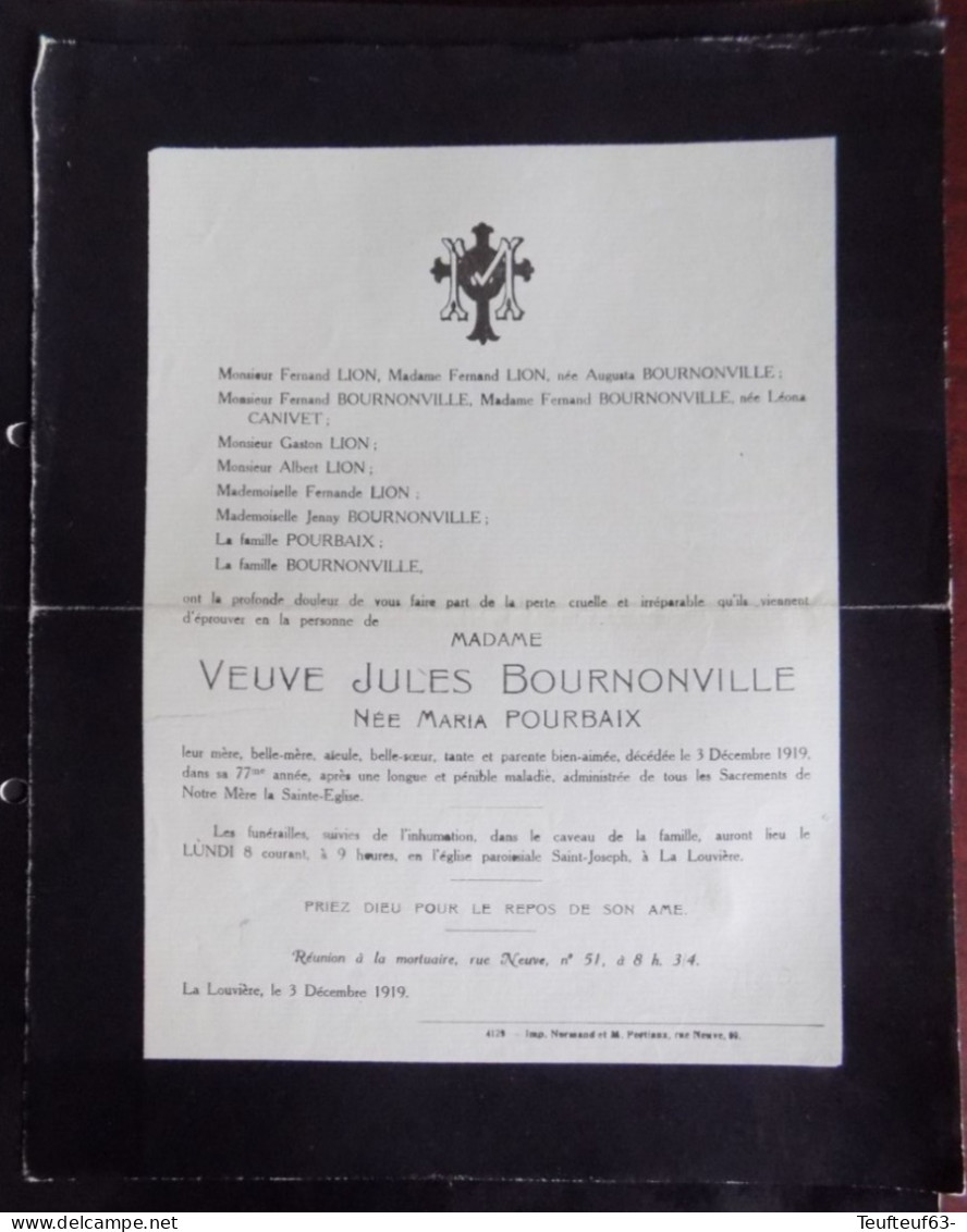 Faire Part Décès / Mme Veuve J. Bournonville Née Maria Pourbaix Décédée En 1919 - La Louvière - Obituary Notices