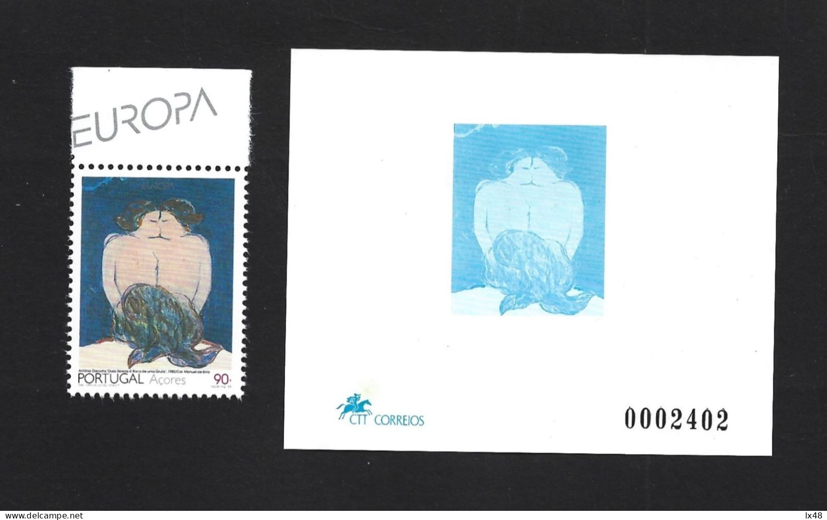 Kiss. Blue Proof 90$00 Stamp From Europe 1993 With Painting By António Dacosta Titled 'Two Mermaids In Search Of A Cave' - Nus