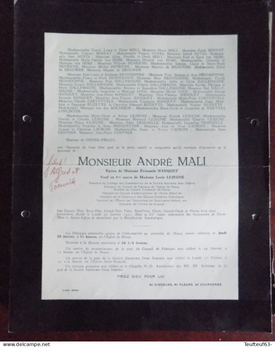 Faire Part Décès / Mr. André Mali Décédé En 1937 - Heusy - Obituary Notices