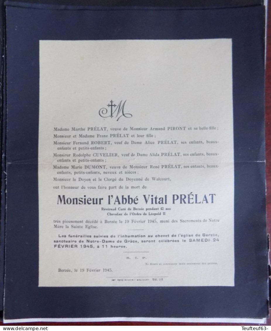 Faire Part Décès / Mr. L'abbé Vital Prélat De Berzée Y Décédé En 1945 - Overlijden