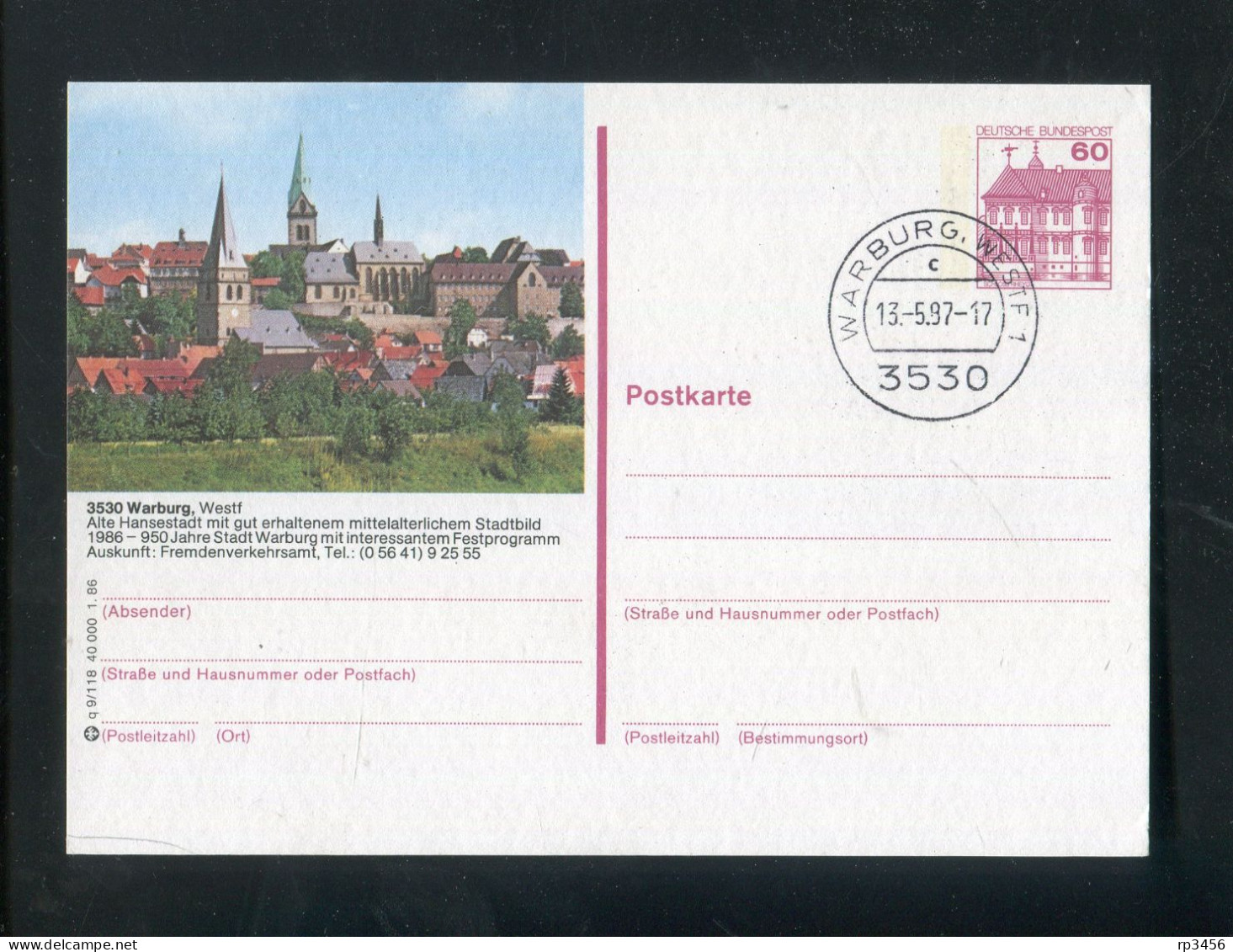 "BUNDESREPUBLIK DEUTSCHLAND" 1986, Bildpostkarte Mit Bildgleichem Stempel Ex "WARBURG" (R1291) - Cartes Postales Illustrées - Oblitérées