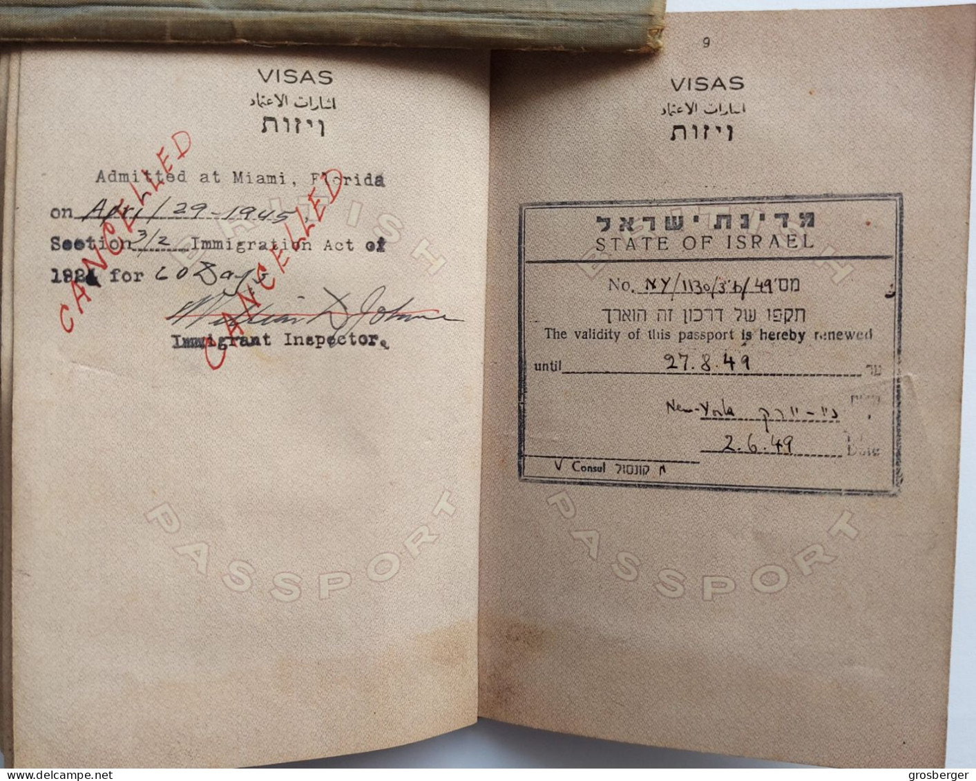 Juive Juif British Passport Palestine 1945 validity in consul New-York 1949 entrance visa to Israel Rare Judaika