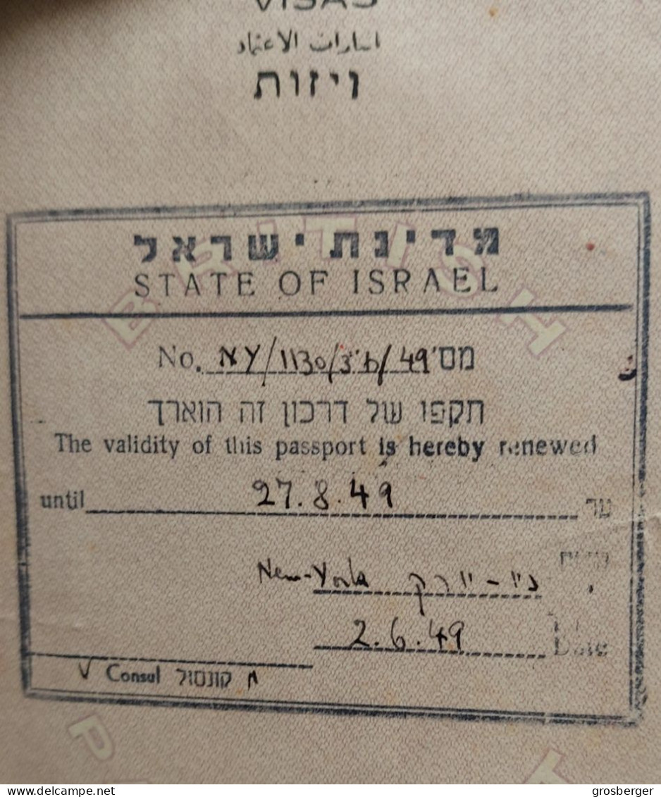 Juive Juif British Passport Palestine 1945 validity in consul New-York 1949 entrance visa to Israel Rare Judaika