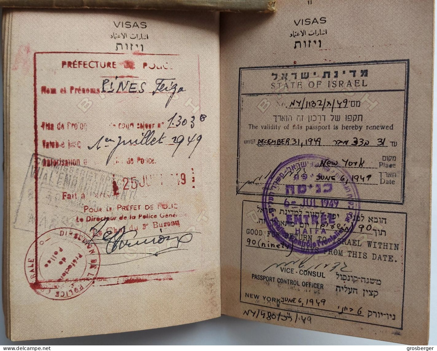 Juive Juif British Passport Palestine 1945 validity in consul New-York 1949 entrance visa to Israel Rare Judaika