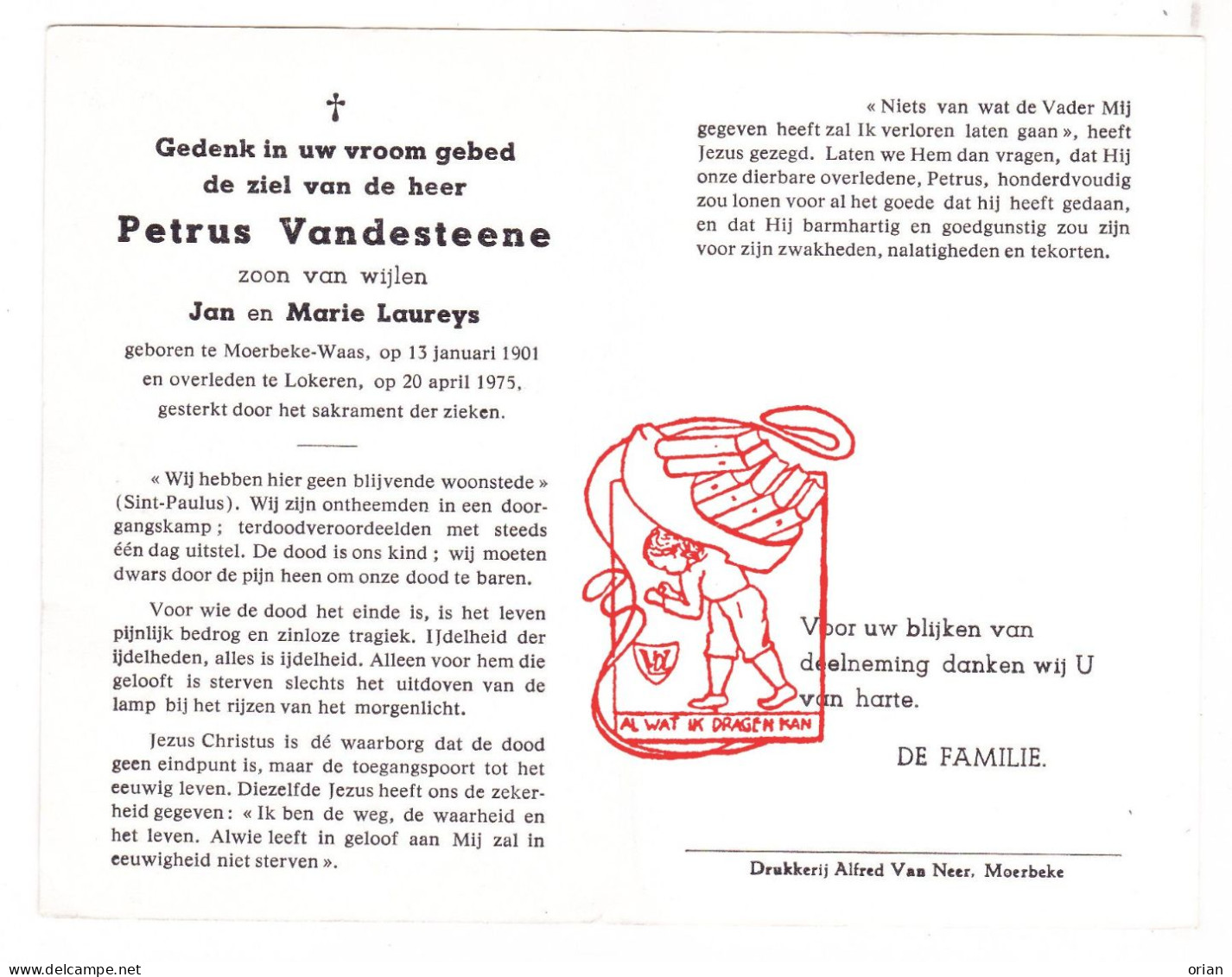 DP Petrus Vandesteene / Laureys ° Moerbeke Waas 1901 † Lokeren 1975 - Devotieprenten