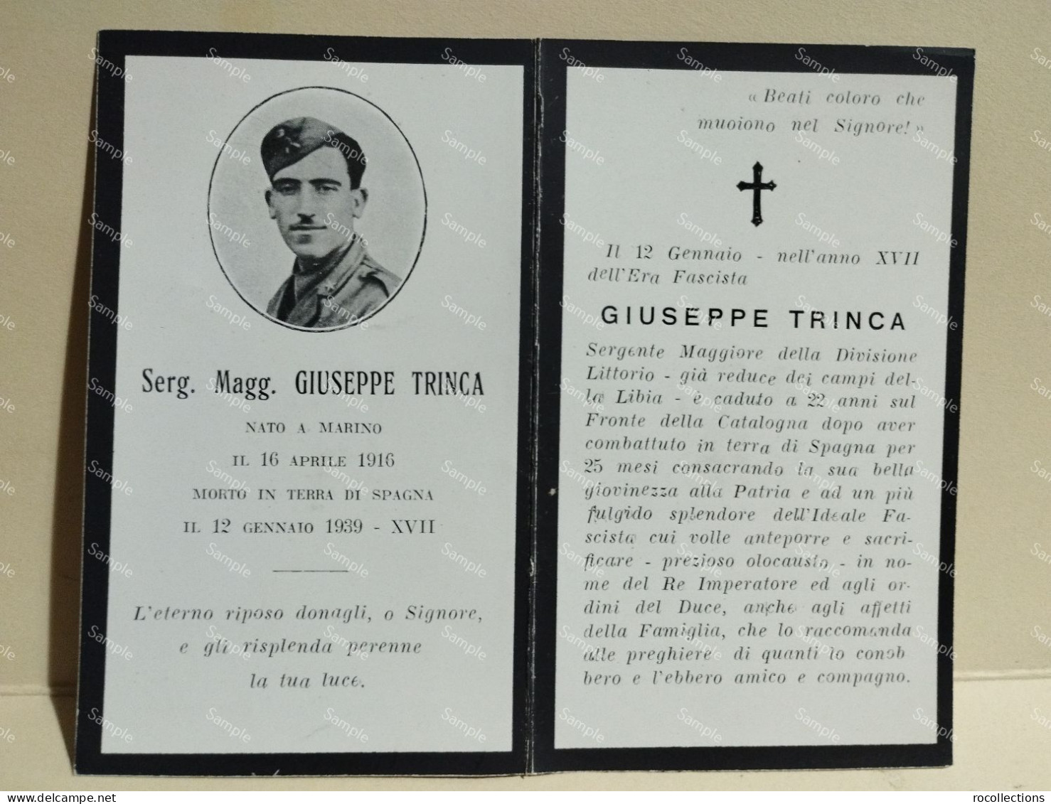 Italy Military Mourning Holy Card Santino Lutto Militare GIUSEPPE TRINCA Legionario Guerra Civil Espana Spagna 1939 - Devotion Images