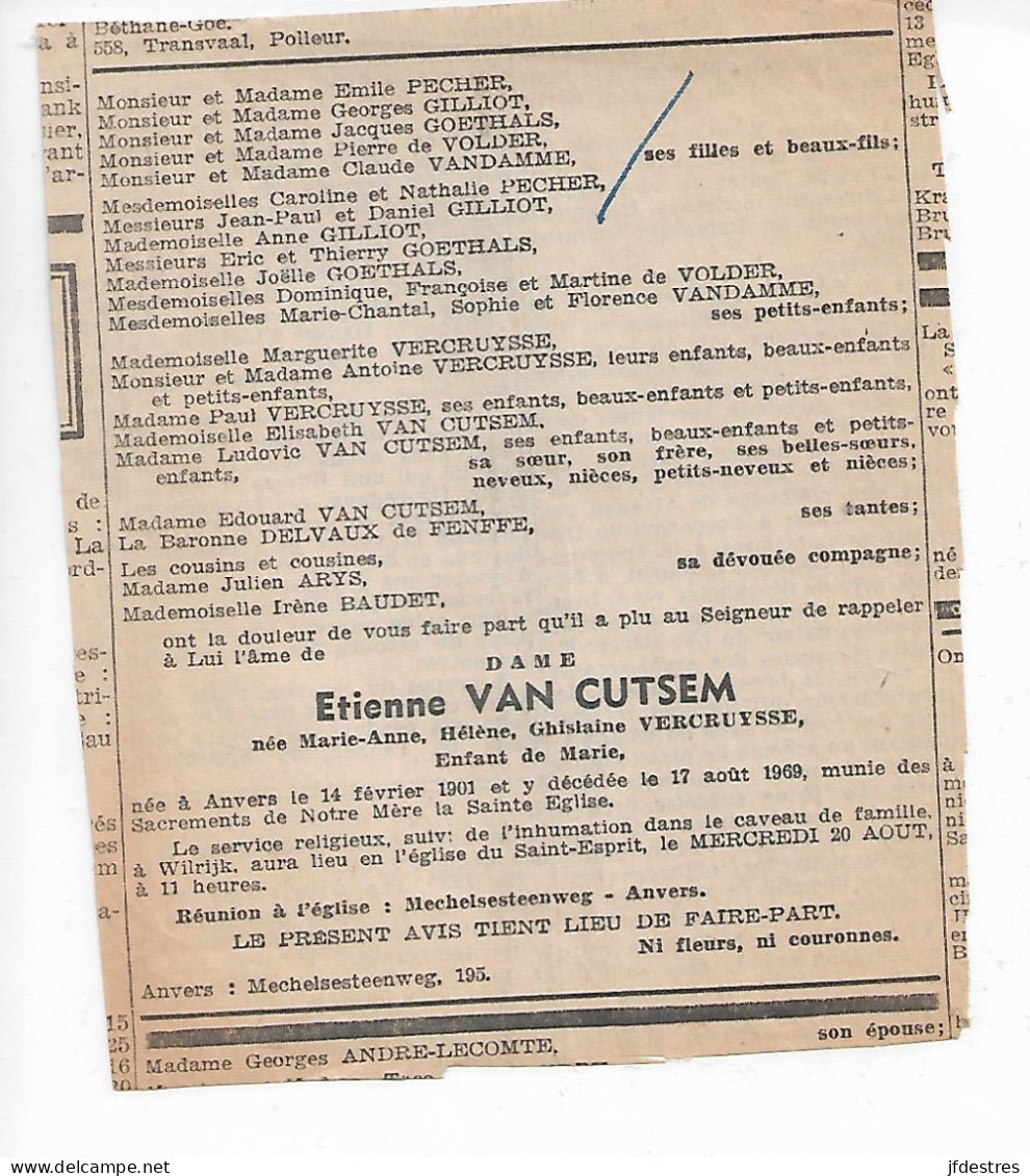 FP Nécrologie Marie-Anne Vercruysse épse Etienne Van Cutsem Anvers 1969 - Overlijden