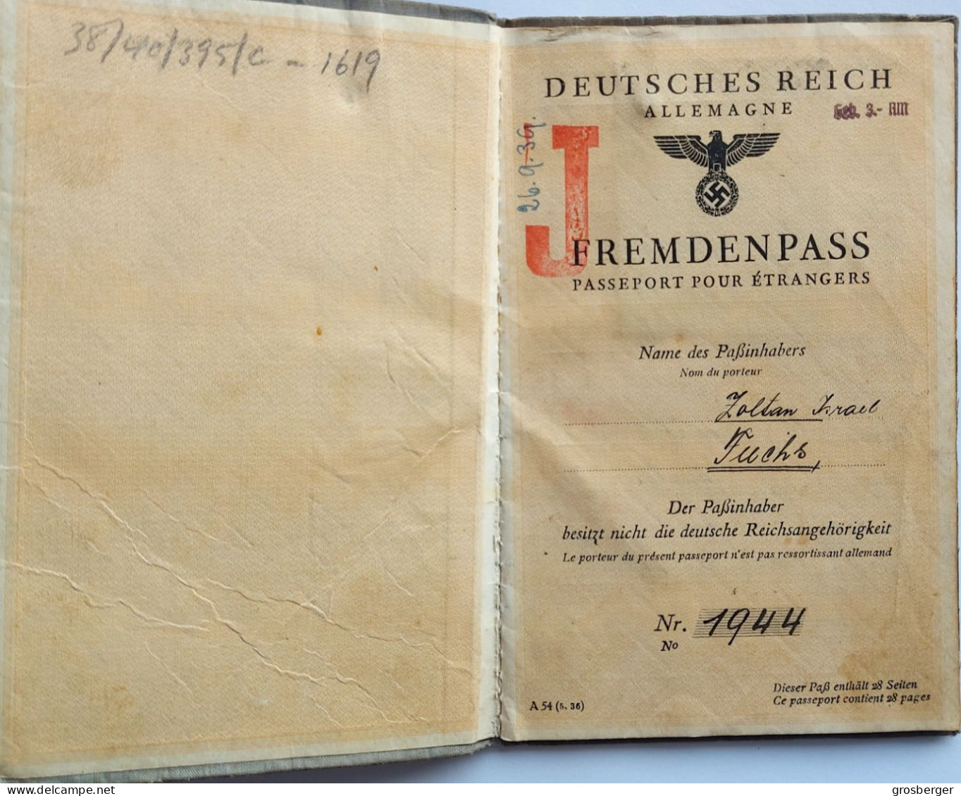 Juive Juif Holocaust Passport WW2 Germany Nazi Fremdenpass With “J” Hungary Jewish Man Visa Palestine Mega Rare Judaika - Documentos Históricos