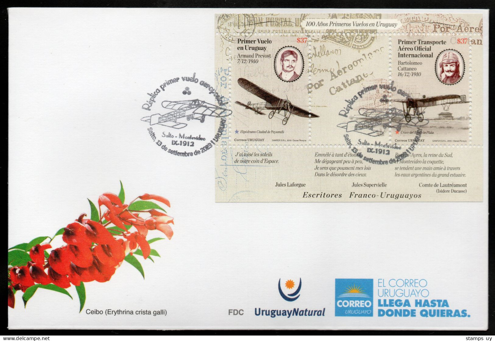 URUGUAY 2023 (Philatelic Exhibitions, Airmail Flight, Plane, Blériot XI, Writer, France) - 1 Cover With Special Postmark - Uruguay