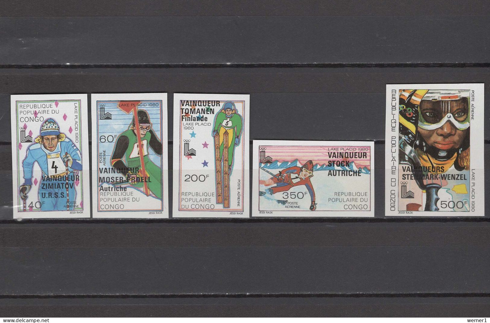 Congo 1980 Olympic Games Lake Placid Set Of 5 With Winners Overprint Imperf. MNH -scarce- - Winter 1980: Lake Placid