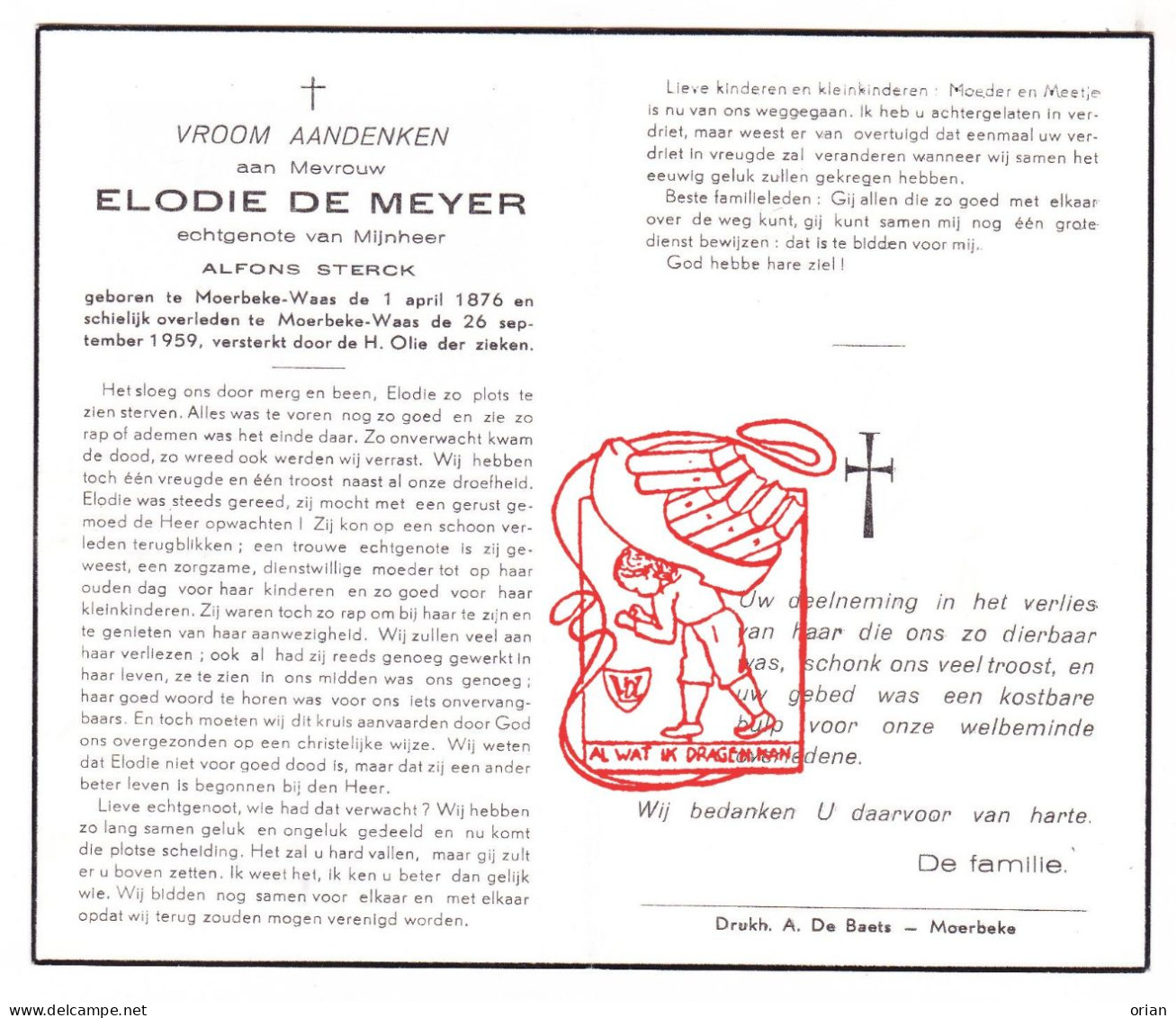 DP Elodie De Meyer ° Moerbeke Waas 1876 † 1959 X Alfons Sterck - Images Religieuses