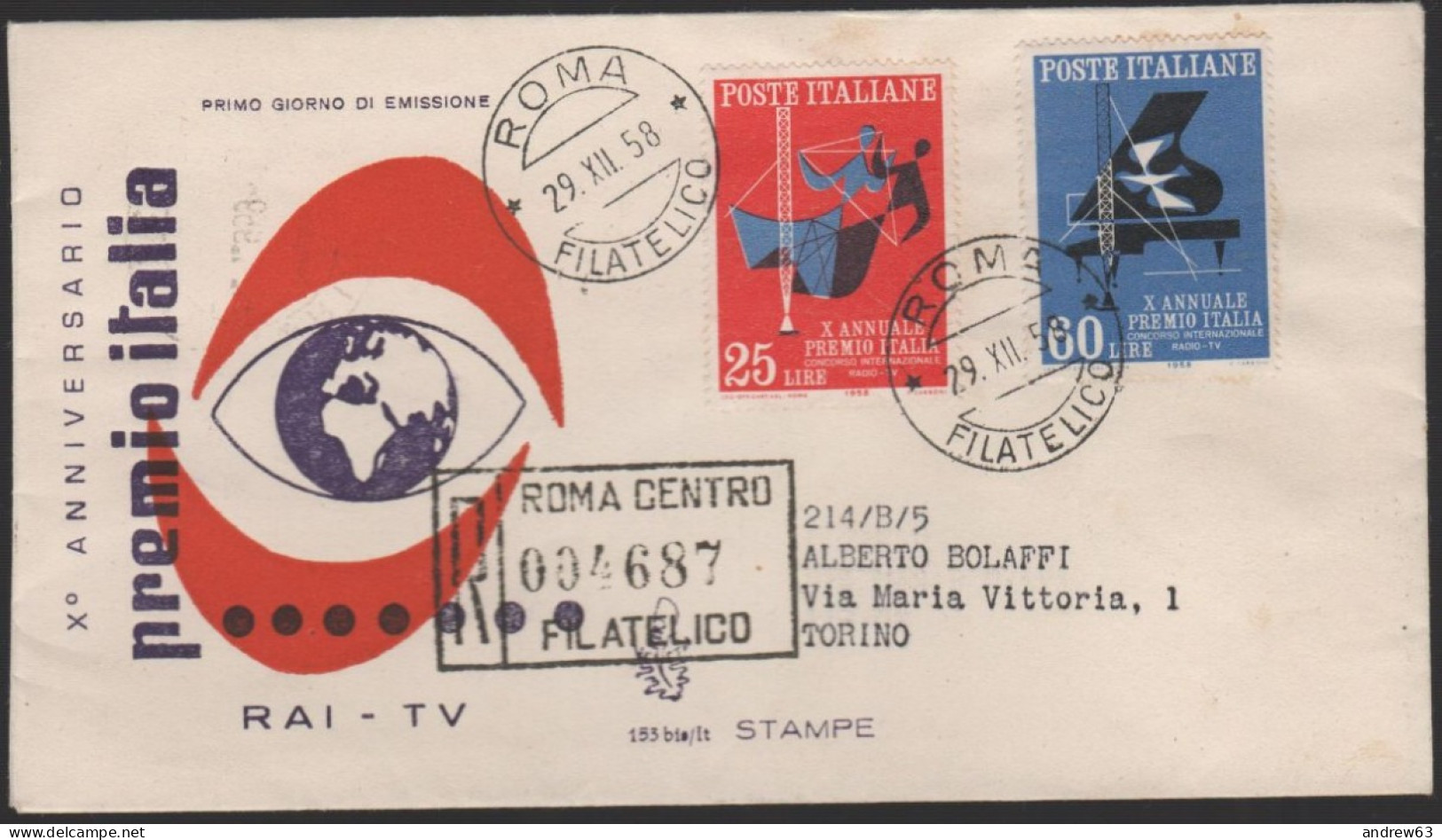 ITALIA - ITALIE - ITALY - 1958 - 25 + 60 X Annuale Del Premio Italia - FDC Venetia - Viaggiata - FDC