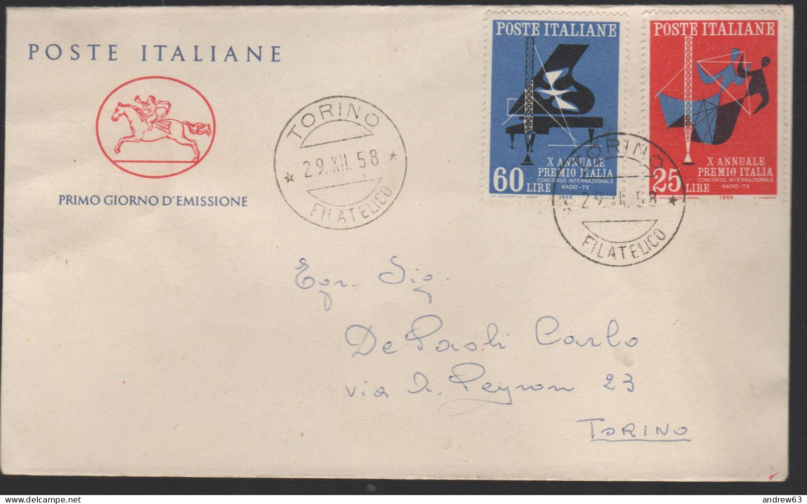 ITALIA - ITALIE - ITALY - 1958 - 25 + 60 X Annuale Del Premio Italia - FDC Cavallino - FDC