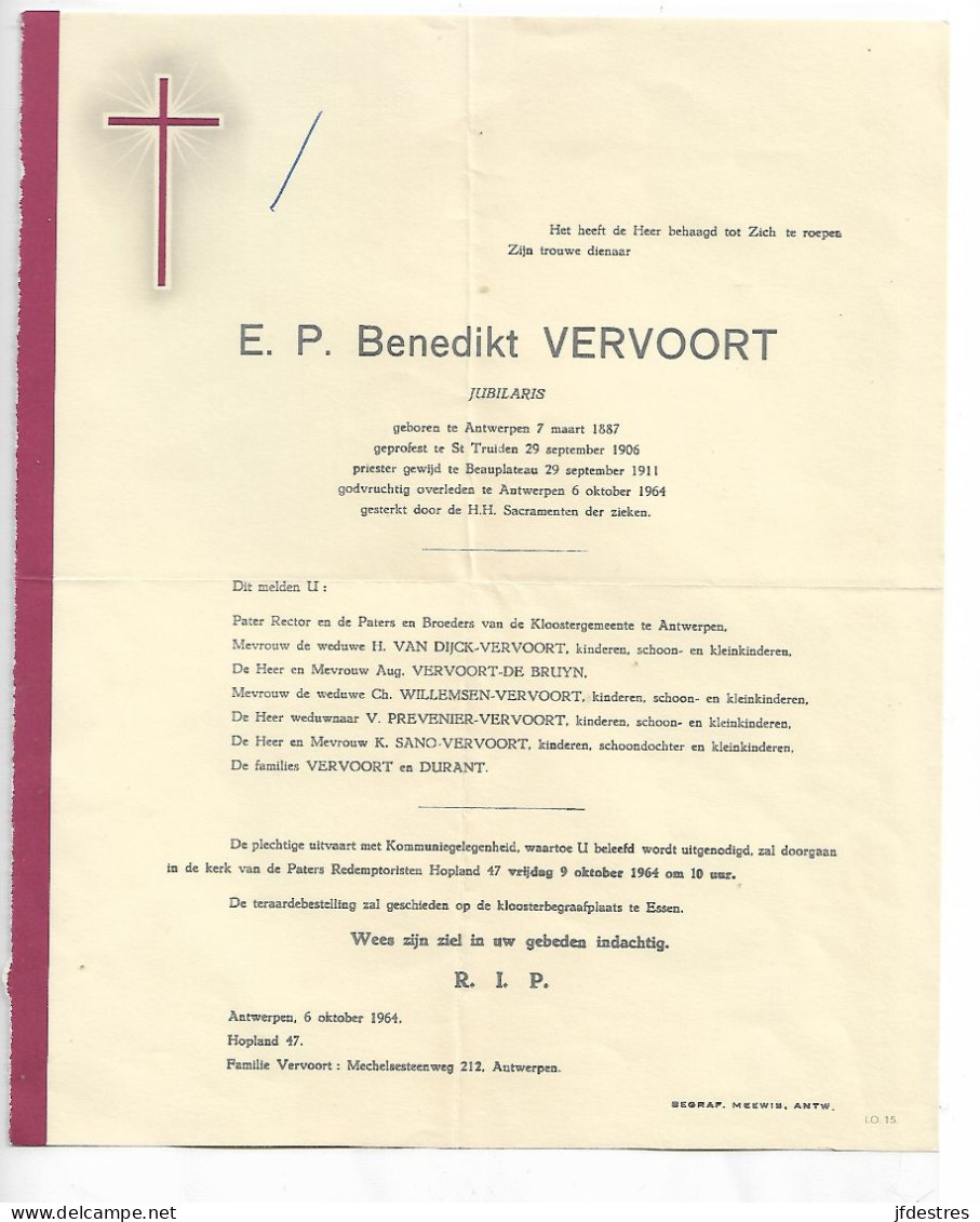 FP MO DB Bendikt Vervoort Pater Redemptorist Antwerpen 1964 - Décès