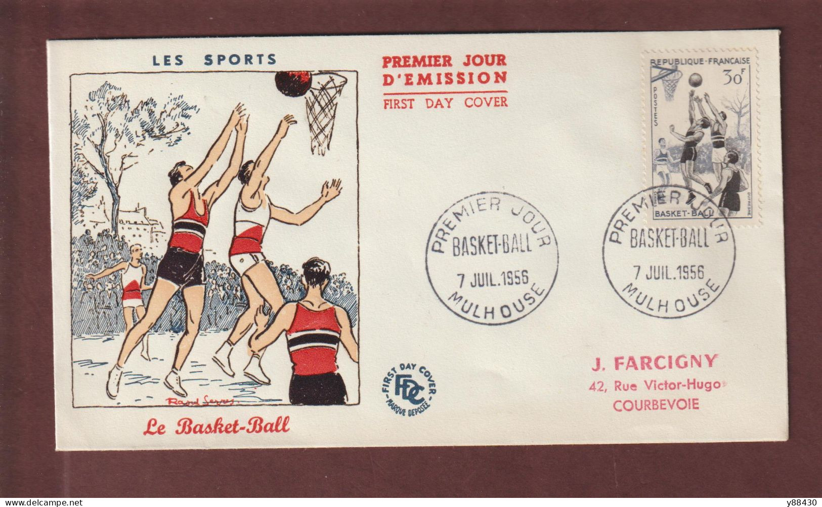 1072 De 1956 - Enveloppe 1er Jour - MULHOUSE Le 7 Juillet 1956 - SPORT - LE BASKET-BALL  - 2 Scan - 1950-1959