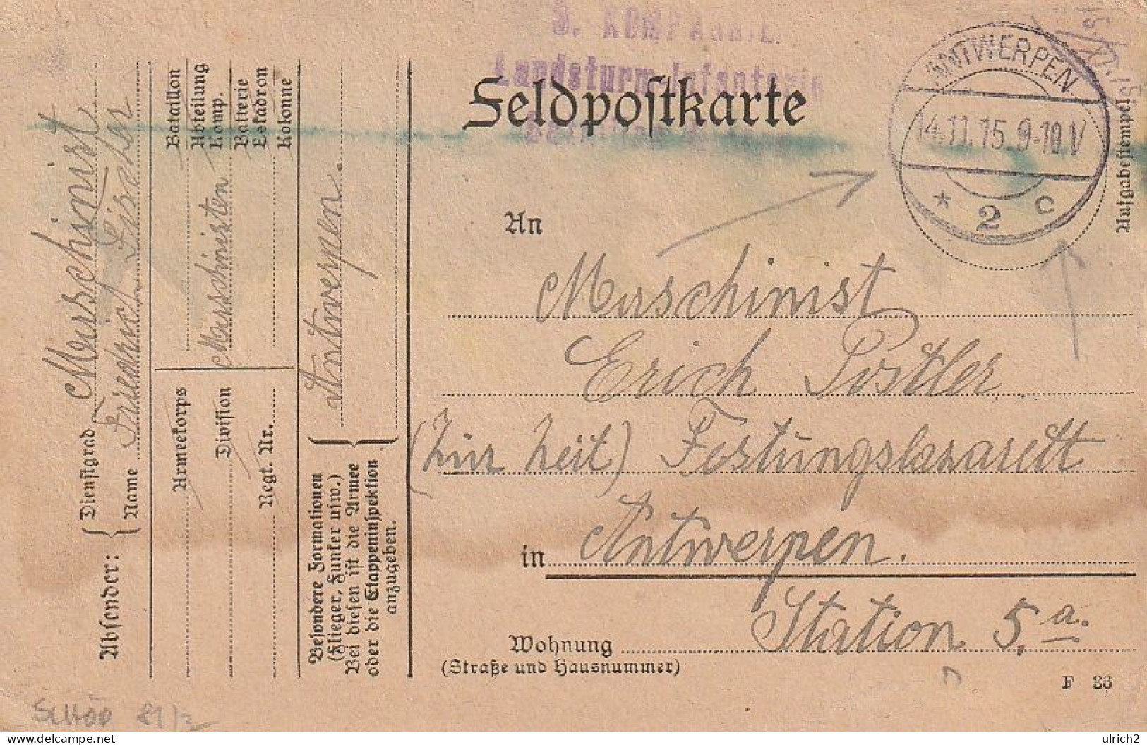 Feldpostkarte Landsturm-Infanterie - Antwerpen 1915 (69306) - Briefe U. Dokumente