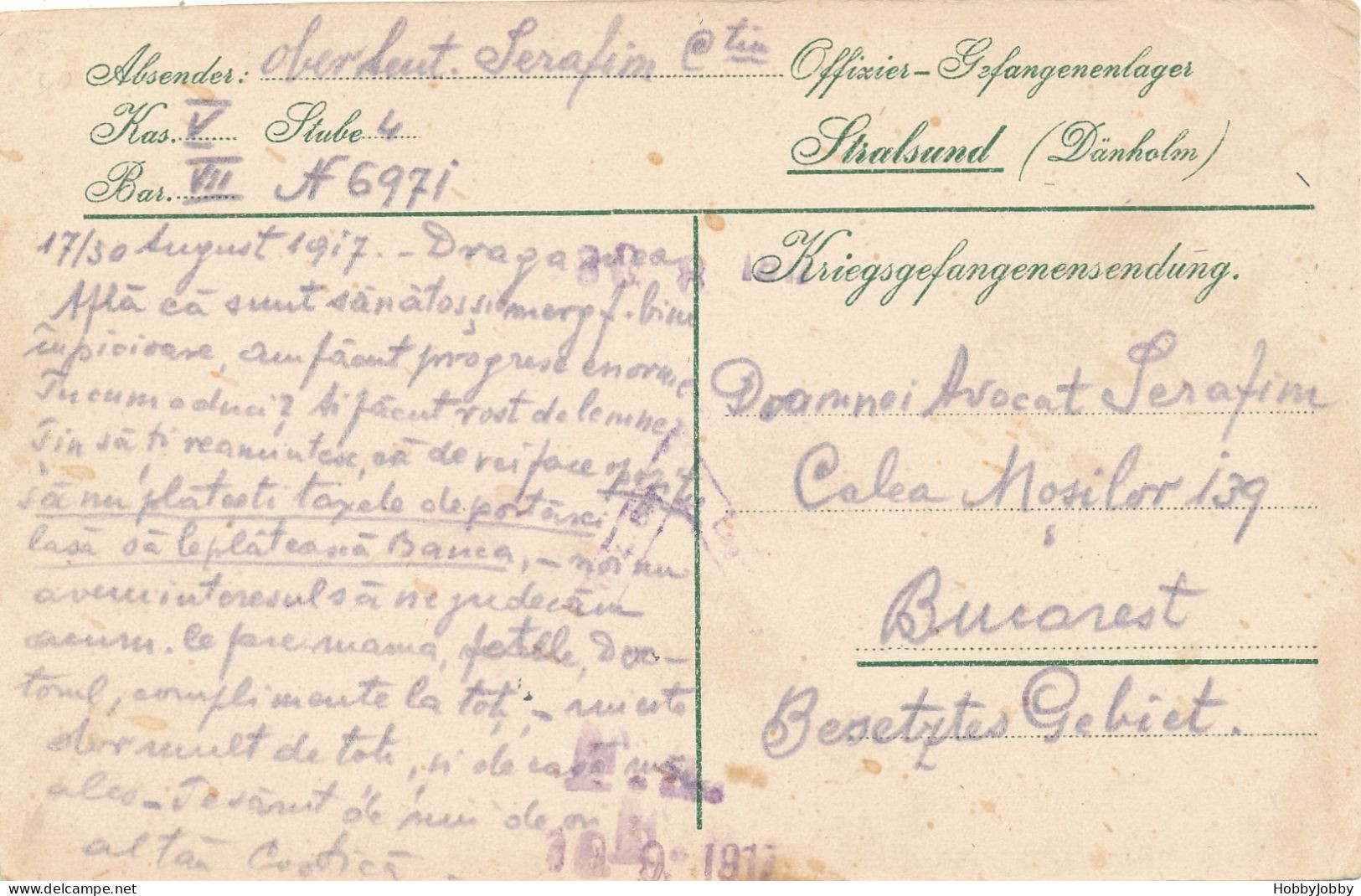 Postbüro Stralsund (Dänholm) Kas: V - Stube 4 - Bar VII -  H6971 - Offizier Gefangenläger - An Bucarest Besetztes Gebiet - Guerre 1914-18