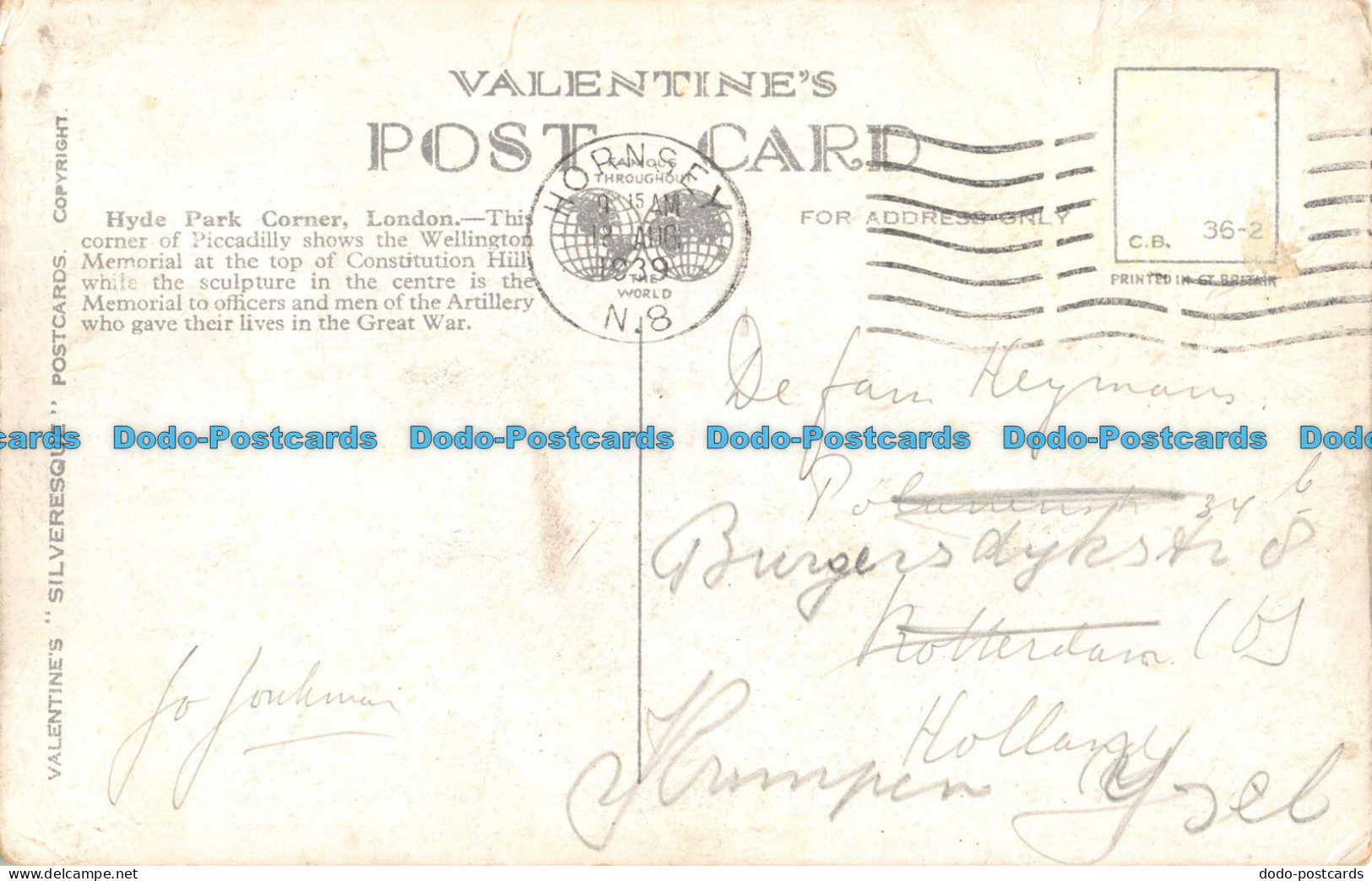 R087030 Hyde Park Corner. London. Valentine. Silveresque. 1939 - Other & Unclassified