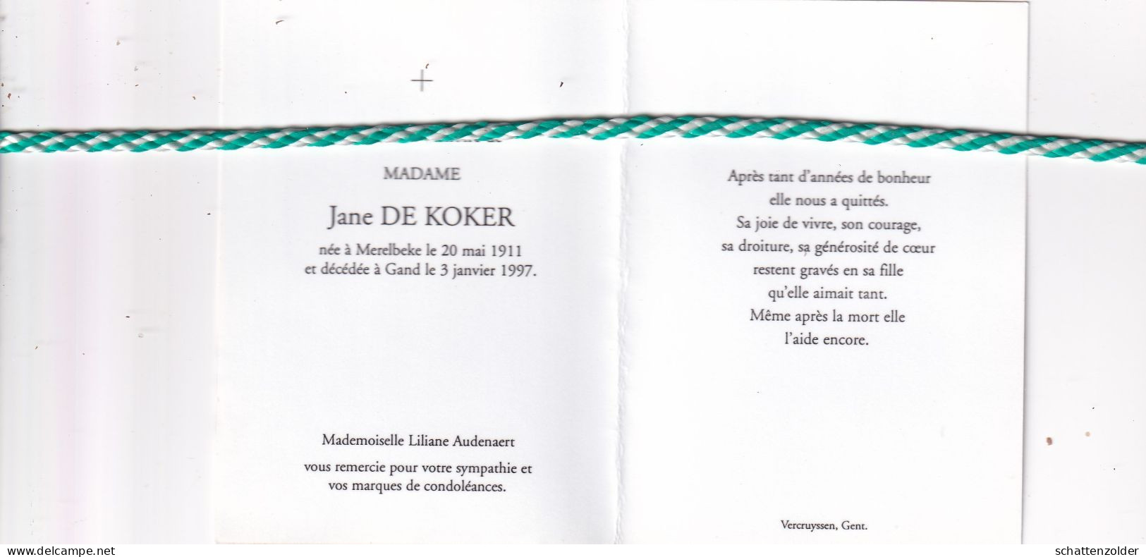 Jane De Koker, Merelbeke 1911, Gand 1997. Foto Dameshoed - Décès