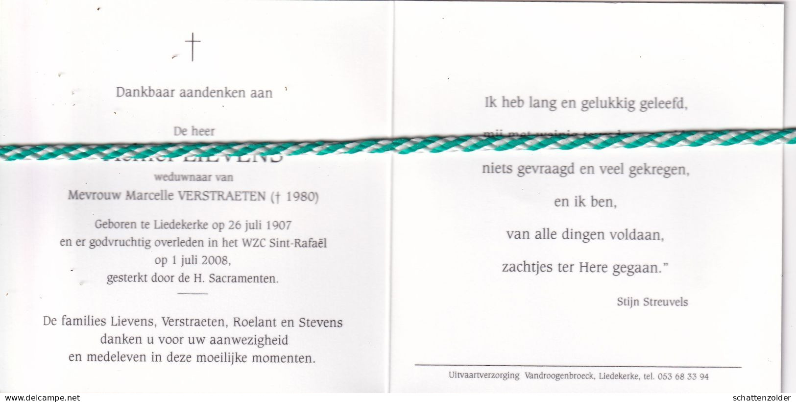Achiel Lievens-Verstraeten, Liedekerke 1907, 2008. Honderdjarige. Foto - Obituary Notices