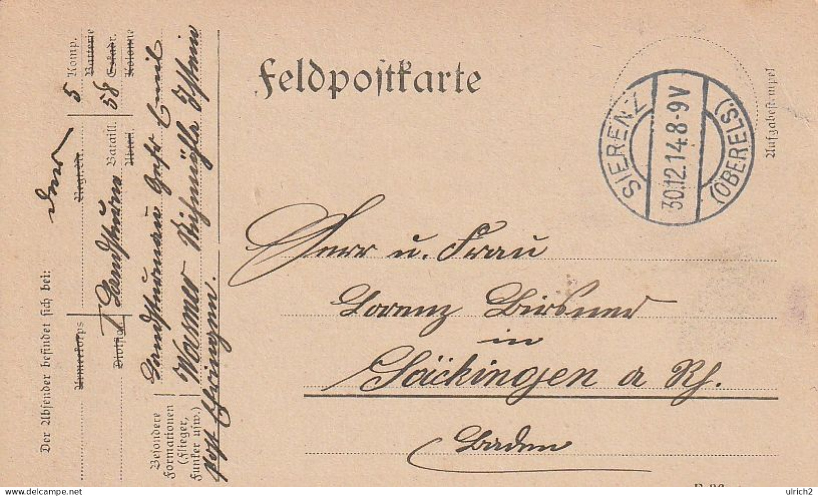 Feldpostkarte Landsturm-Batl. 58 - Sierenz 1914 (69307) - Briefe U. Dokumente