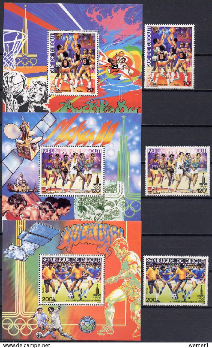 Djibouti 1979 Olympic Games Moscow, Space, Basketball, Athletics, Football Soccer Set Of 3 + 3 S/s MNH -scarce- - Ete 1980: Moscou