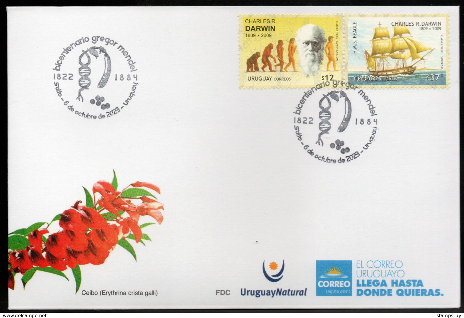 URUGUAY 2023 (Nature, Biology, Genetics, Gregor Mendel, Charles Darwin, DNA, Peas, Ships)- 1 Cover With Special Postmark - Uruguay