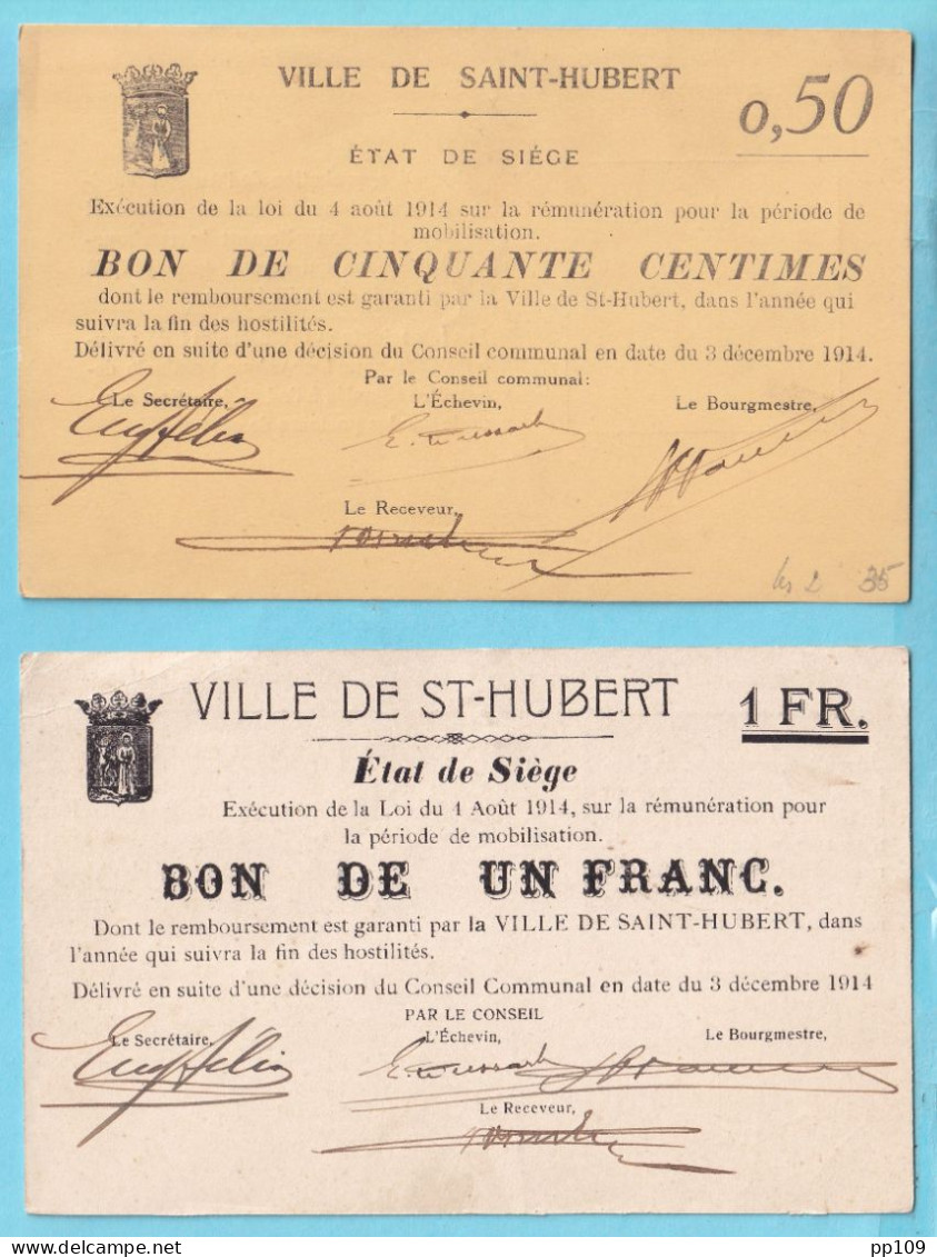 14-18 : 2 Bons De Caisse  (nécessité) 1 Franc Et 50 Centimes  SAINT HUBERT Cfr Signatures !  - 1-2 Frank